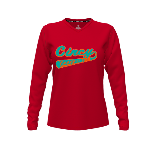 [FTLVCFRD-FYXS-LOGO2] Decker Comfort T-Shirt (Female Youth XS, Red, V Neck, Logo 2, Long Sleeve)